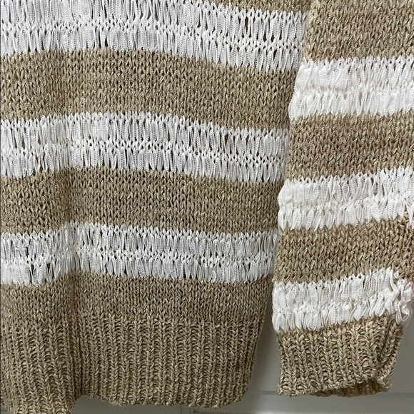 John + Jenn Women's Tan and White Loose Knit Long Line Stripe Sweater - Sz Small - Picture 9 of 16